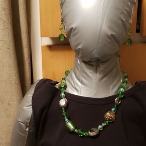 Stunning matching green glass necklace earring set